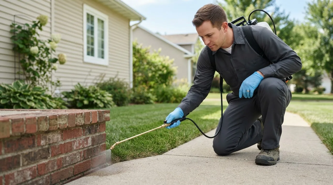 Pest control technician treating a home near Dilworth, MN